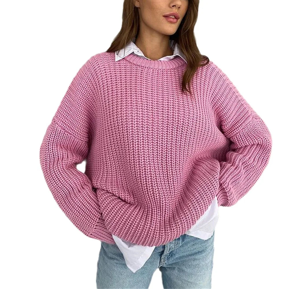 Women Autumn Winter Loose Sweater Round Collar Knitwear Long Sleeve Pullover Knit Coat Solid Color Casual Sweater