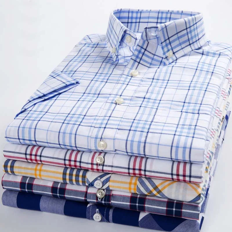 RNSHANGER Fashion Cotton Men's Shirts Summer Short Sleeve Standard-fit Button-down Man Casual Plaid Striped Shirt with Pocket