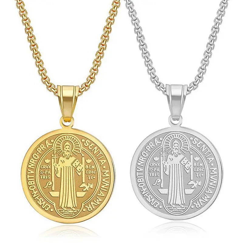 Wholesale Gold Silver Stainless Steel Saint Benedict Medal Necklace Protection Jewelry for Men Women