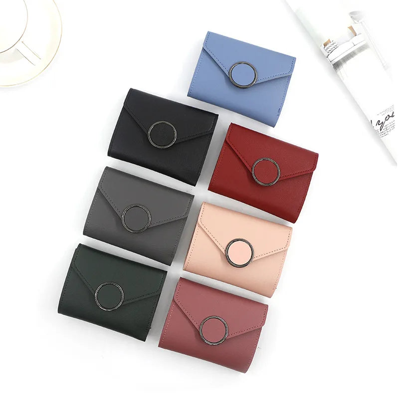 New Student Trend PU Short Women's Small Circle Decoration Tri-Fold Simple Buckle Wallet Small Purse