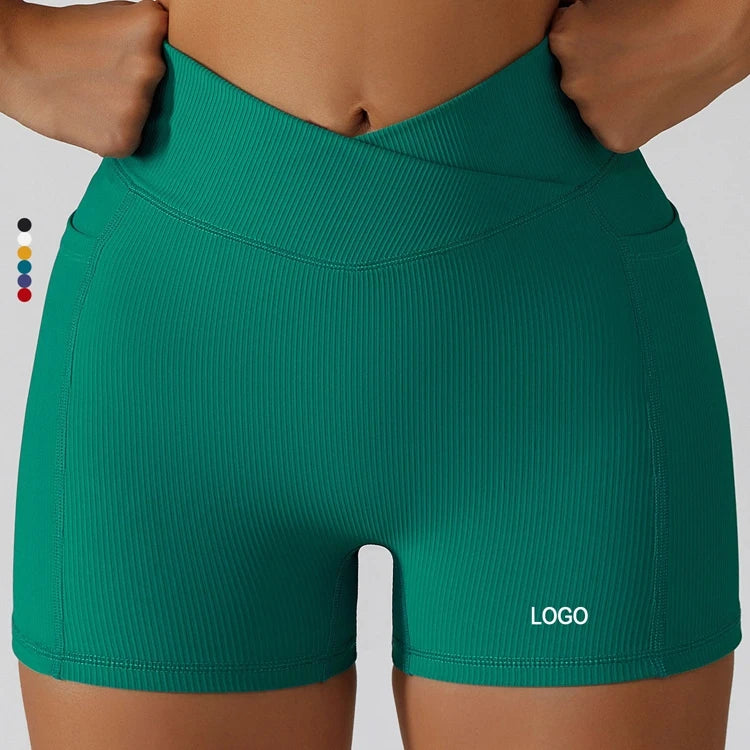 Woman Side Phone Pocket Ribbed Nylon Shorts Butt Lift High Waisted Biker Shorts