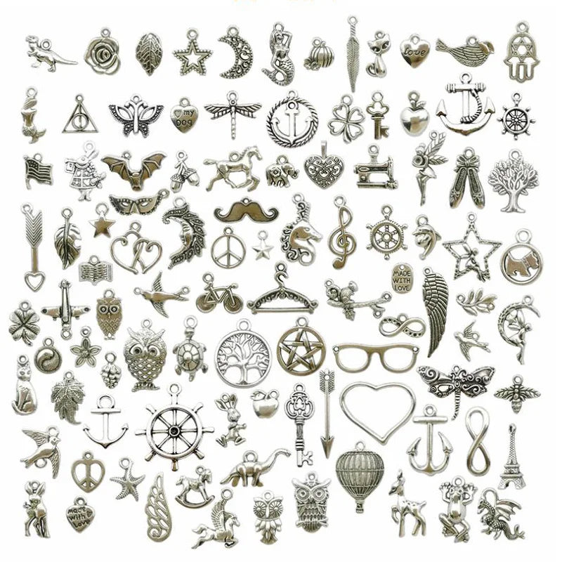 100pcs Mixed Jewelry Designer Charms for Diy Bracelet Antique Silver Plating
