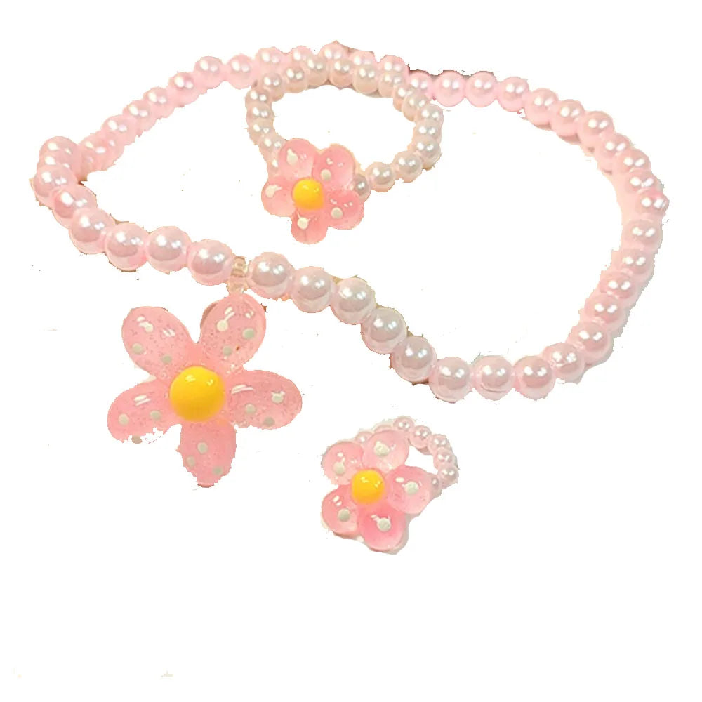 Wholesale Handmade Cute Elastic Plastic Pearl Beads Toddler Flower Girl Kid Children Jewelry Necklace Bracelet Finger Ring Set