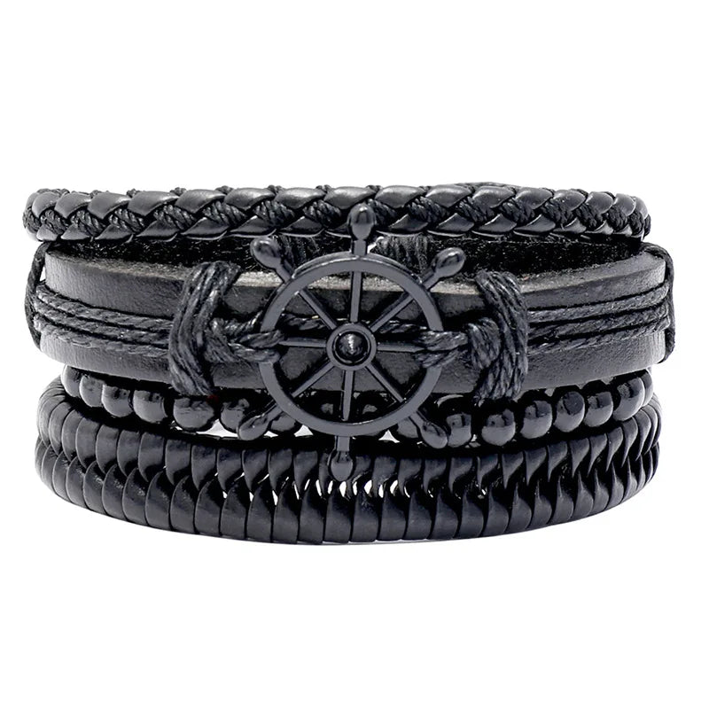 Wholesale PU Leather Bracelet Creative Handmade Woven Bracelet Black Metal Rudder Accessories Jewelry Men's Bracelet