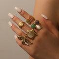 New Fashion Clean Elegant Jewelry 18K Gold Plated Stainless Steel AdjustableSmooth Natural Stone Opening Ring for Women Gift