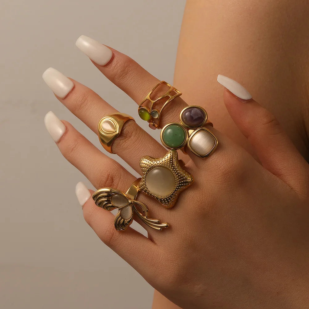 New Fashion Clean Elegant Jewelry 18K Gold Plated Stainless Steel AdjustableSmooth Natural Stone Opening Ring for Women Gift
