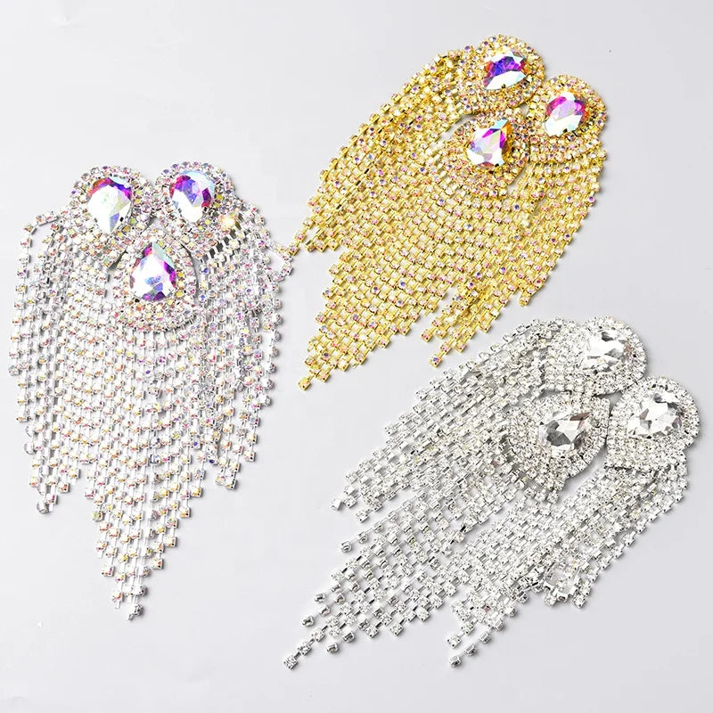 Bling Waterdrop Glass Diamond Tassel Chain Trimming Applique Rhinestone Shoulder Badges Patches Sew on Dress Clothes Decoration