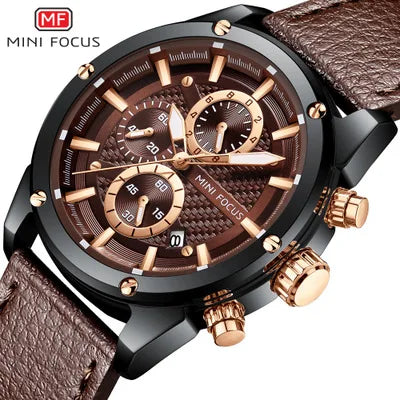 MINI FOCUS 0161G Watch Luxury Men's Leather Quartz Sport Wristwatch Fashion Waterproof Men Watch Wrist Chronograph Reloj Hombre