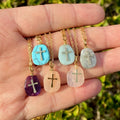 Wholesale Tarnish Free Real Natural Stone Pendant Woman 18K Gold Plated Stainless Steel Cross Necklace Jewelry