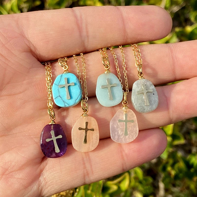 Wholesale Tarnish Free Real Natural Stone Pendant Woman 18K Gold Plated Stainless Steel Cross Necklace Jewelry