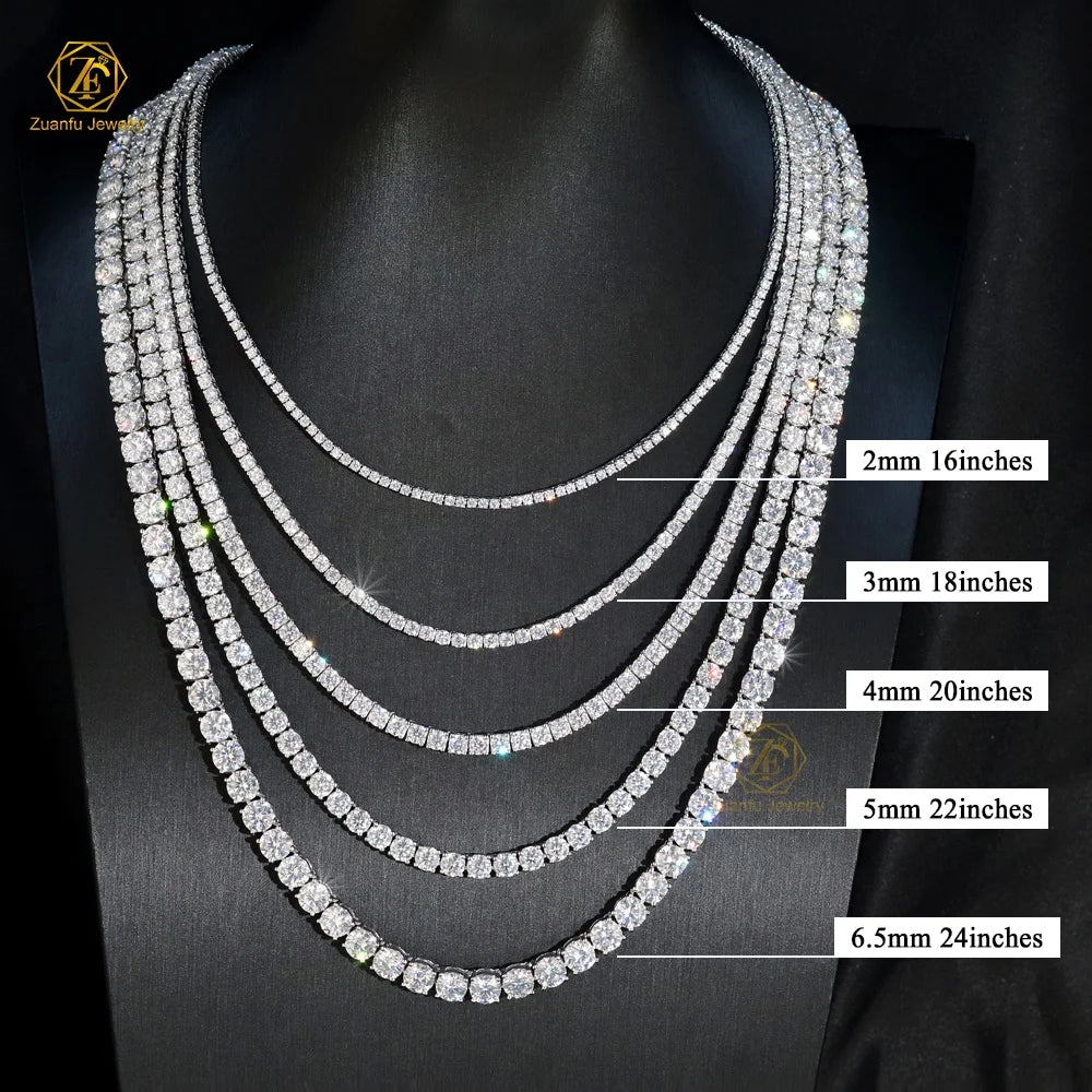 Tennis Necklace Bracelet Rhodium Plated 18K Gold 2mm 3mm 4mm 5mm 6.5mm Round 925 Sterling Silver VVS Moissanite Tennis Chain