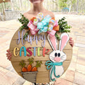 Happy Easter Sign Home Decor Door Sign Bunny Carrot Pattern Wooden Decorative Wall Plaque