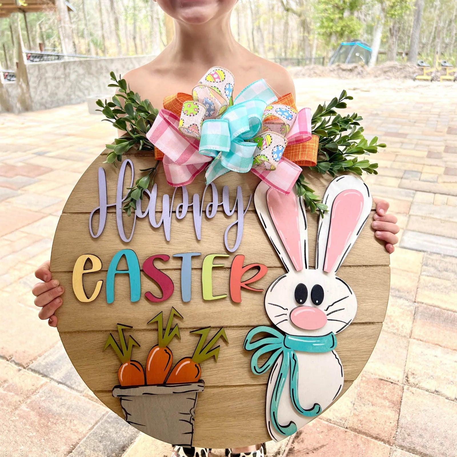 Happy Easter Sign Home Decor Door Sign Bunny Carrot Pattern Wooden Decorative Wall Plaque