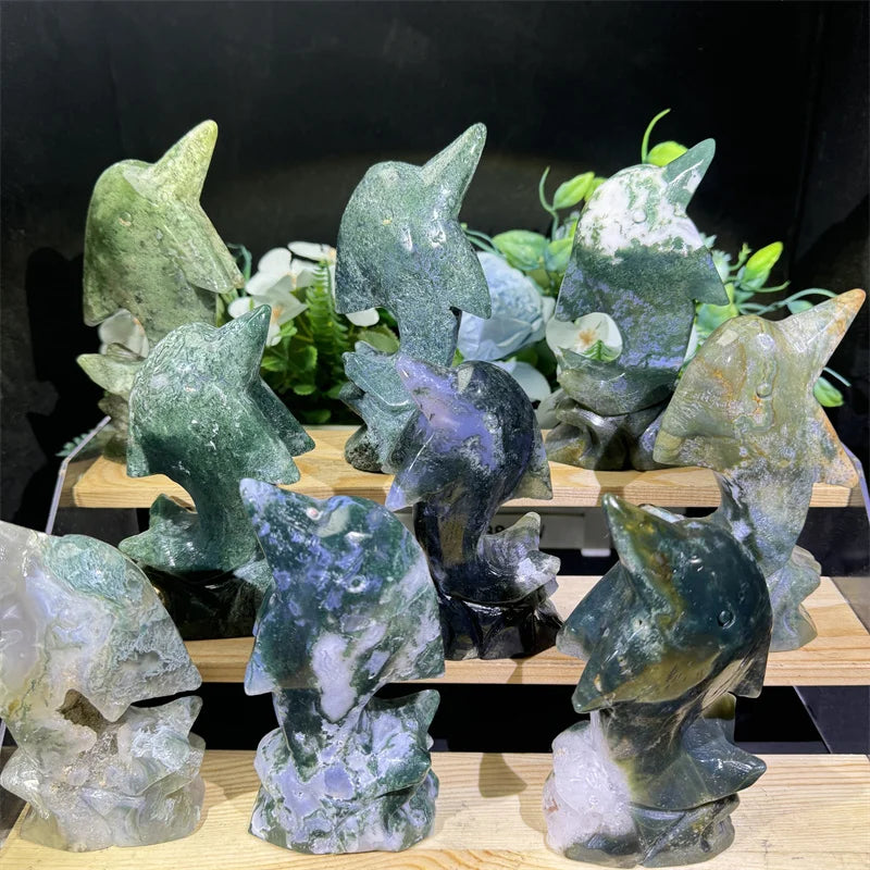 Factory Price Energy Crystals Stone Natural Gemstone   Moss Agate Dolphin Carving  for Decoration
