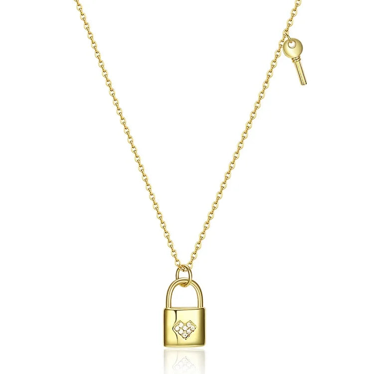 925 Sterling Silver Zircon Heart Lock and Key Bamboo Chain Pendant Necklace Rhodium/Gold Plated for Party