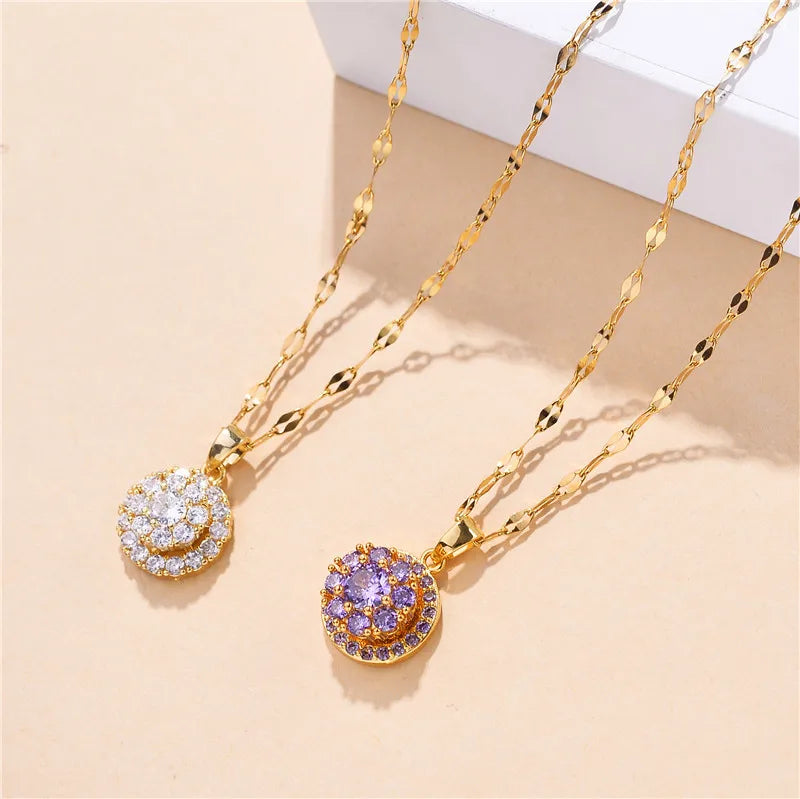 Trendy Gold Plated Stainless Steel Chain Round Crystal Pendant Necklaces Geometric  Necklace for Gift