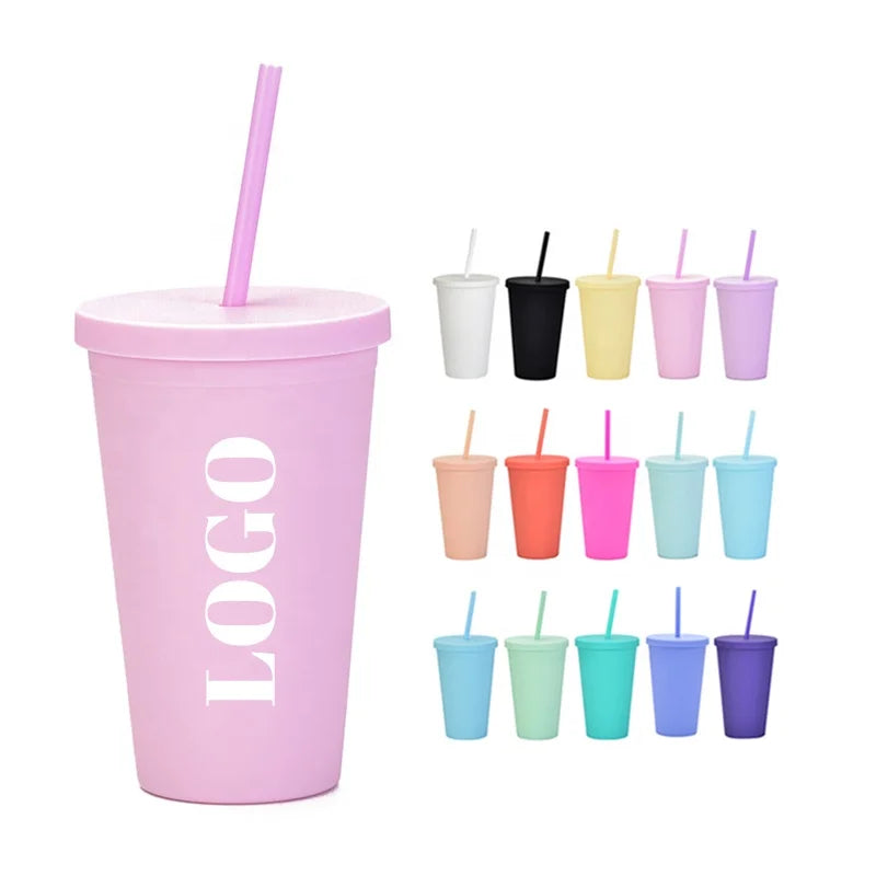 Wholesale Customizable 16oz Colorful Acrylic Water Tumbler Cups Double Walled & Reusable with Lids & Straws Bulk in Stock