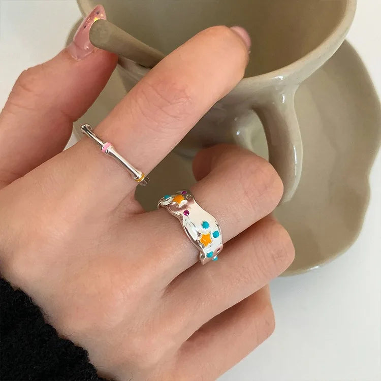 INS Cute Fashion Pure 925 Sterling Silver Colored Enamel Drop Oil Irregular Finger Rings for Women Girls Jewelry