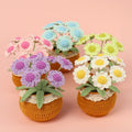 Cute New Design Colorful 7-Head Crochet Daisy Flower with Brown Flowerpot Wholesale Woolen Knitted Flower Ornament for Home