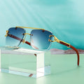 Custom Logo Fashion Leopard Legs Double Bridges Square Sunglasses Wood Grain Rimless Sunglasses for Men Women