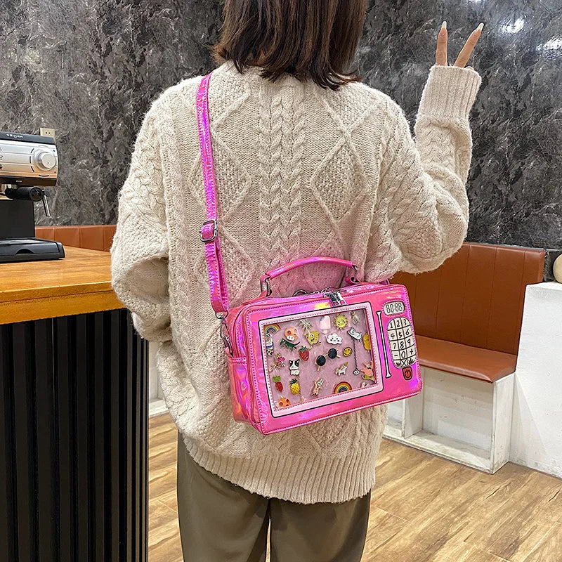 Fashion Holographic PU Leather Ladies Hand Bags Custom Design Clear PVC Ita Bag Crossbody for Pins Display