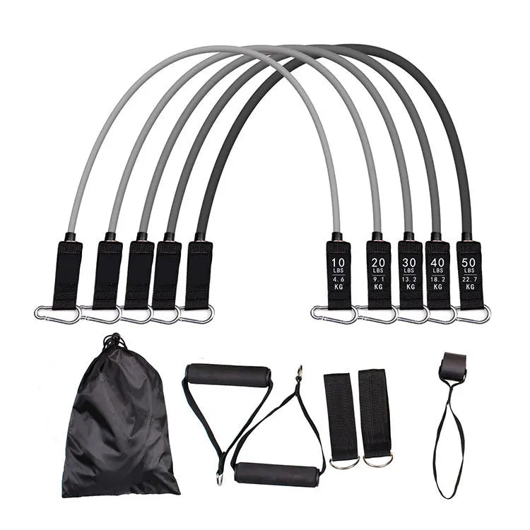 Custom 11-Pcs 150lbs Grey Portable Home Fitness Set Latex and TPE Resistance Bands with Loop and Bar for Yoga Exercise MegaBDM