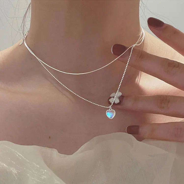 SC Fashion Shiny Heart Opal Pendant Necklace Fairy Temperament 925 Silver Plated Double Layer Moonstone Heart Necklace for Women