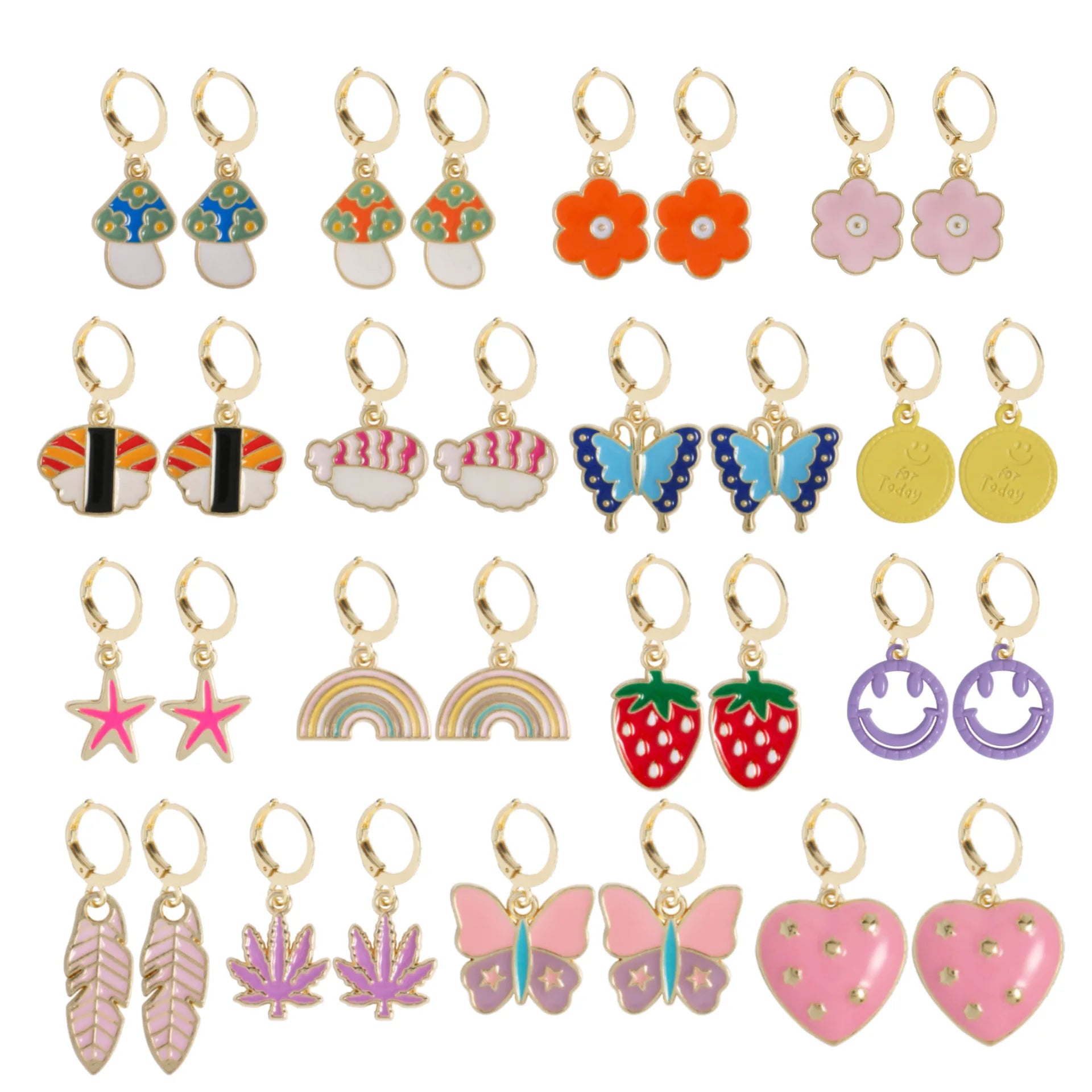 Hot Sell Mushroom Rainbow Star Strawberry Icon Drop Earrings Butterfly Flower Lovely Heart Spring Fashion Drop Earrings