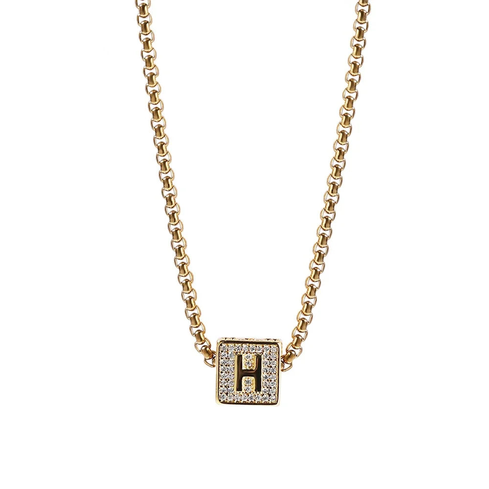 QiuHan 26 English Letter Gold Plated  Square Pendant Necklace