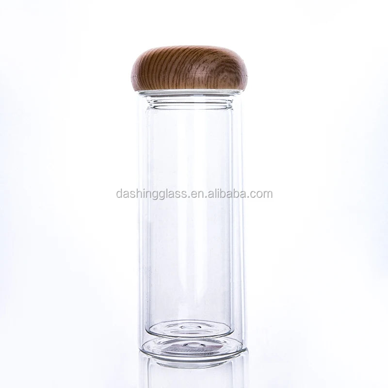 Eco-friendly Double Wall High Borosilicate Glass Water Bottle with Bamboo Style Lid