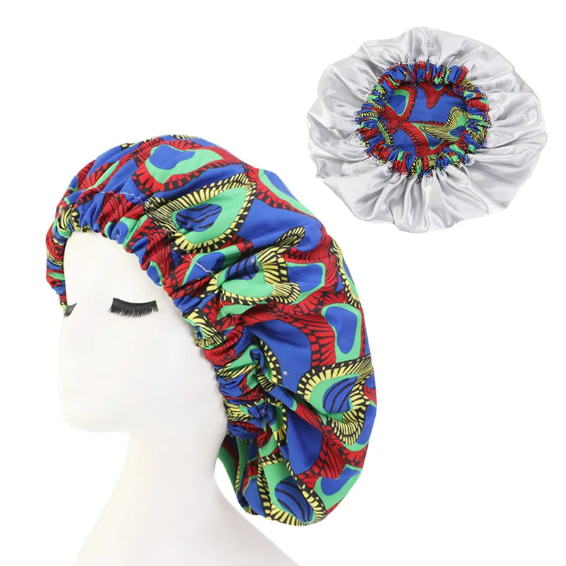 African Flower Ankara Bonnet Plain Double-layer Silk Satin Lining Sleeping Cap Silk Bonnets for Hair Accessories
