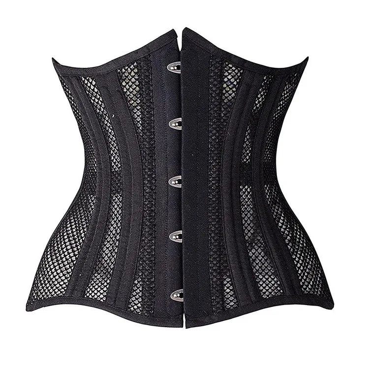 Plus Size Woman Steel Boned Lace-up Girdle Black White Wedding Mesh Net Underbust Corset with 5 Brooches Breathable Woven Design