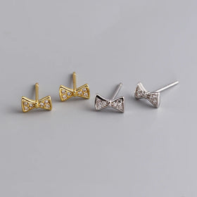 Wholesale Fashion Jewelry 925 Sterling Silver Small Diamond Cubic Zircon Bow Gold Plated Stud Earring Jewelry for Women