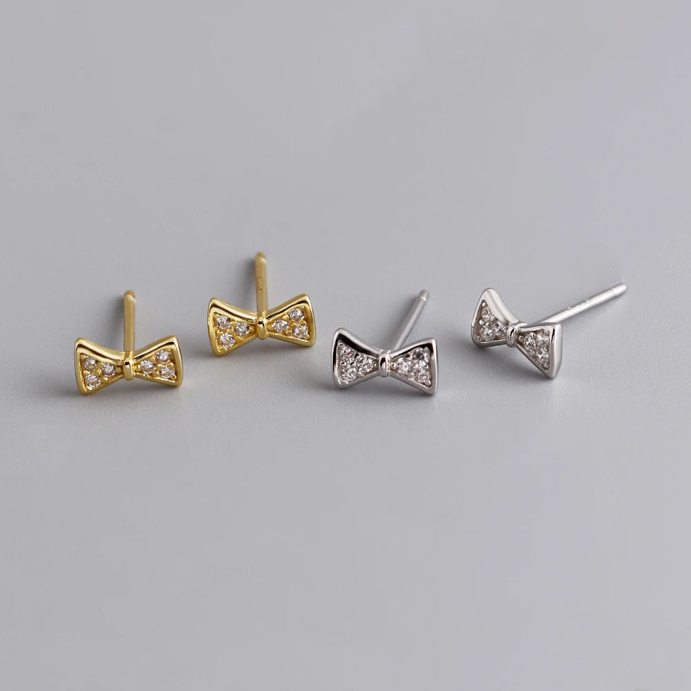Wholesale Fashion Jewelry 925 Sterling Silver Small Diamond Cubic Zircon Bow Gold Plated Stud Earring Jewelry for Women