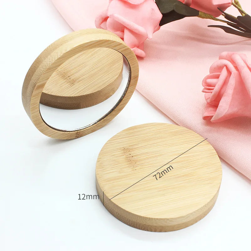 Custom Logo Portable Pocket Mirror Round Compact Cosmetic Small Bamboo Makeup Mirror for Wedding Gift