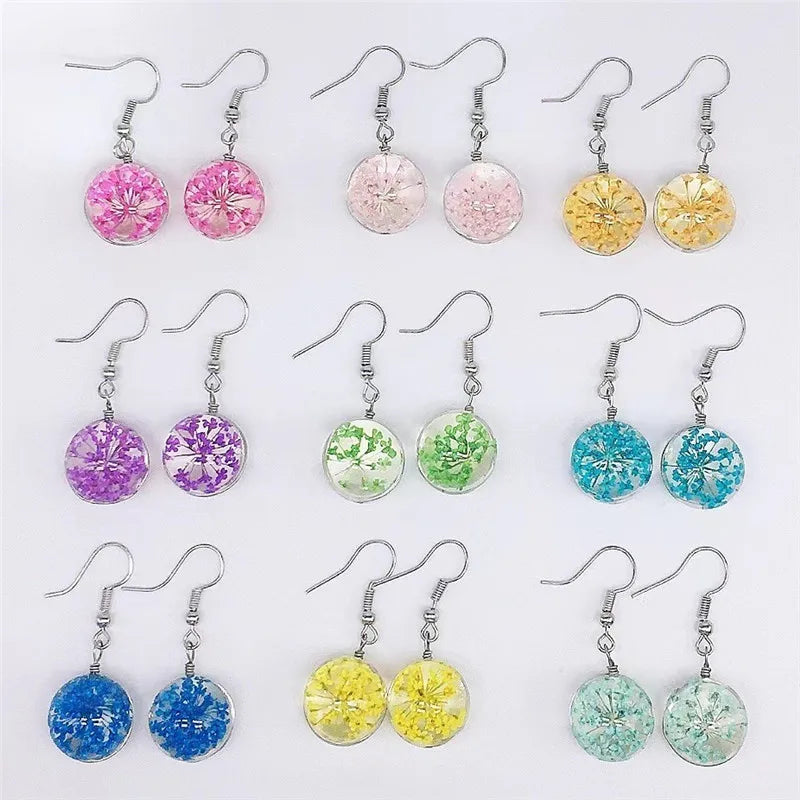Handmade Glass Ball Flower Dangle Earring Party Jewelry Natural Dried Flowers Drop Earrings