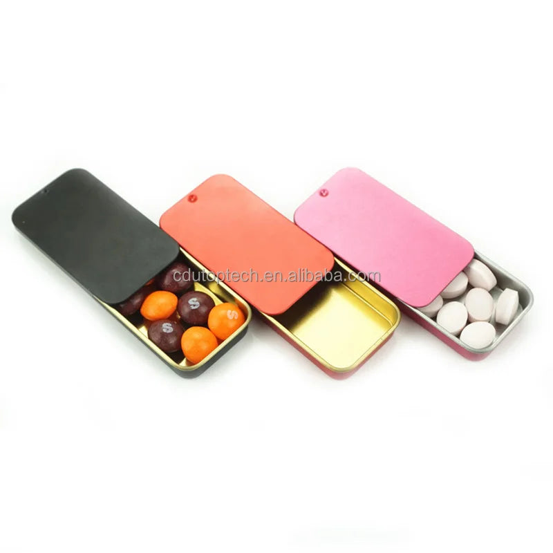 10 Color 16ml Factory Price Mini Small Rectangle Metal Tin Case Sliding Lid Mint Candy Sweet Sliding Tin 60mm*34mm*10mm