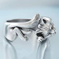 Vintage Thai Silver 925 Kitty Kitty Opening Ring Classic Cat Totem with Princess Cut Diamond Black Living Kitten Design