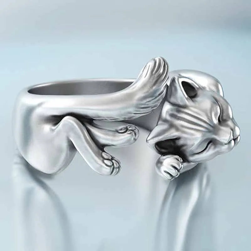 Vintage Thai Silver 925 Kitty Kitty Opening Ring Classic Cat Totem with Princess Cut Diamond Black Living Kitten Design