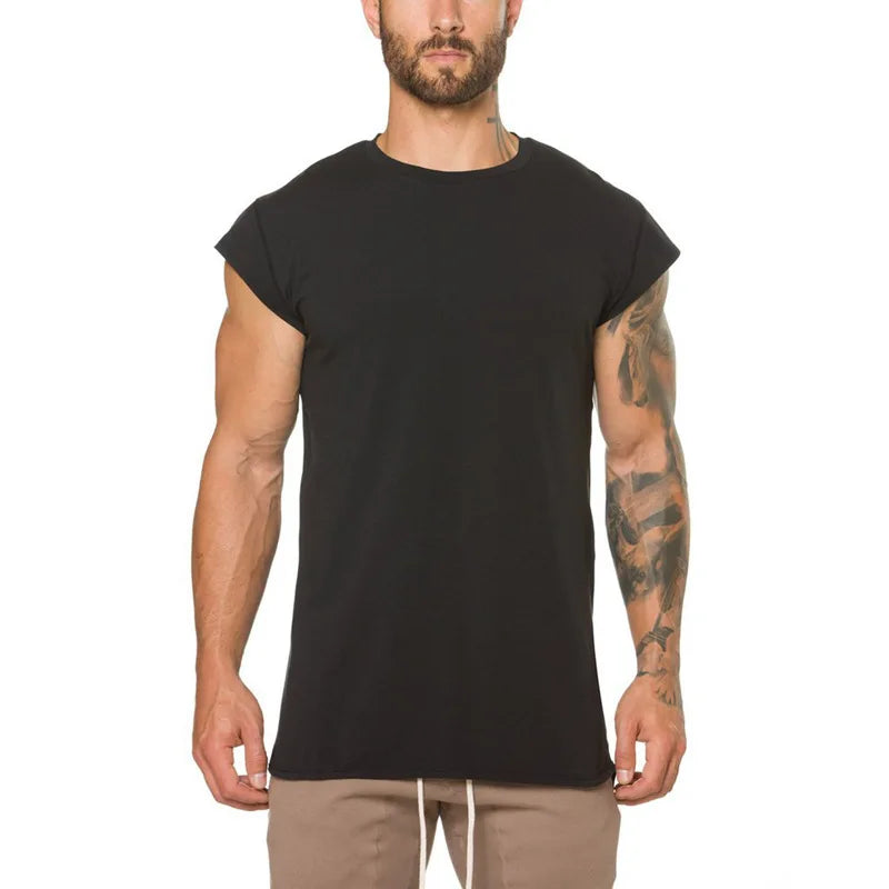 Men's Half-Sleeve Gym T-Shirt Muscle Wear with Curved Hem & Longer Drop Solid Pattern Jersey Plain Tee Shirt