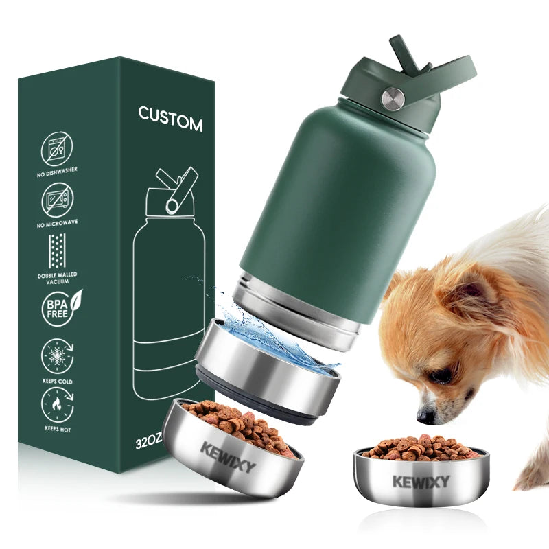 NEW 32 oz 3 in 1 Stainless Steel Dog Travel Bowl Functional Dog Water Bottle with Detachable Water and Food Bowls