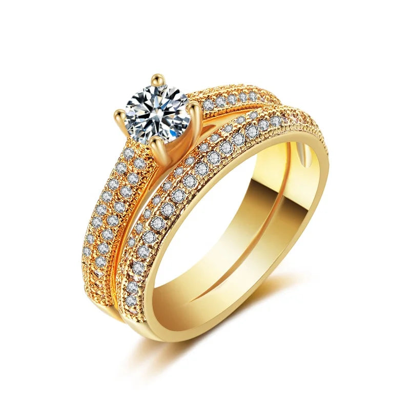 Luxury Stackable Double Cubic Zirconia Couple Rings Plated in 18K Gold Wedding Ring Sets for Women Men Jewelry High Quality