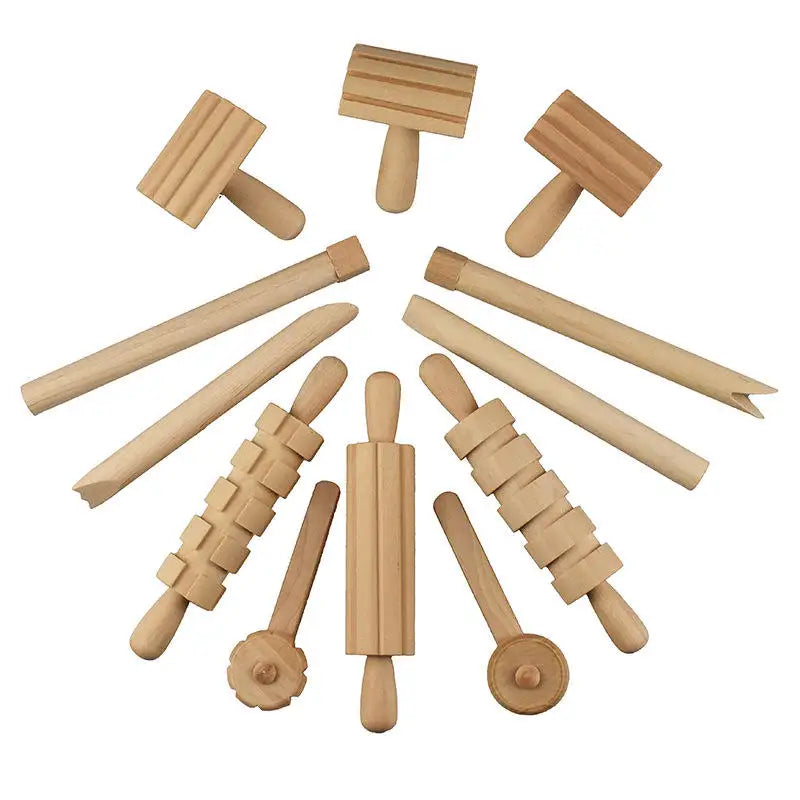 12 Pcs/set Factory Wooden Children DIY Slime Plastic Clay High Grade Wood Plasticine Slime Dough Tool Set Toys for Kids