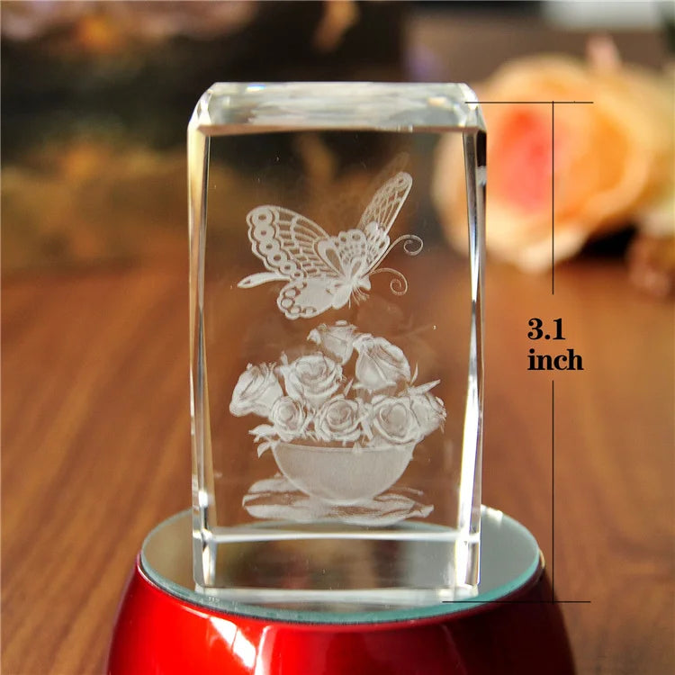 3D Laser Carved K9 Crystal Cube Floral Engraved Paperweight Gift for Valentine's Day or Any Occasion