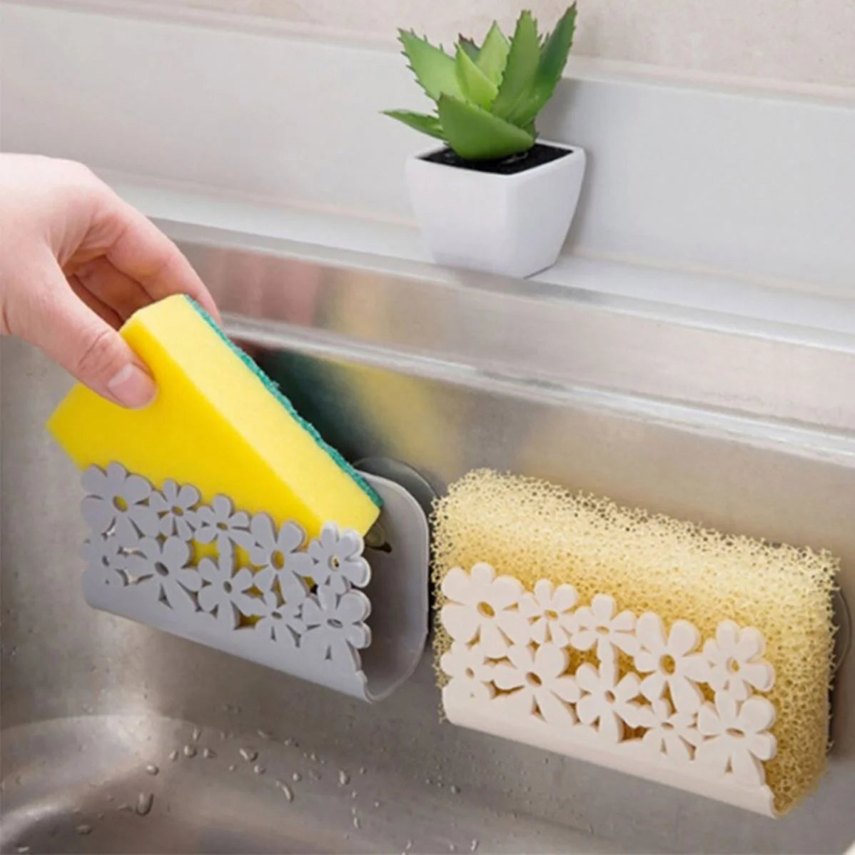Kitchen Organizer Rack for Dish Clothes Sink Sponge Dish Holder Clip with Suction Cup Hollow Flower Kitchen Bathroom Drying Rack