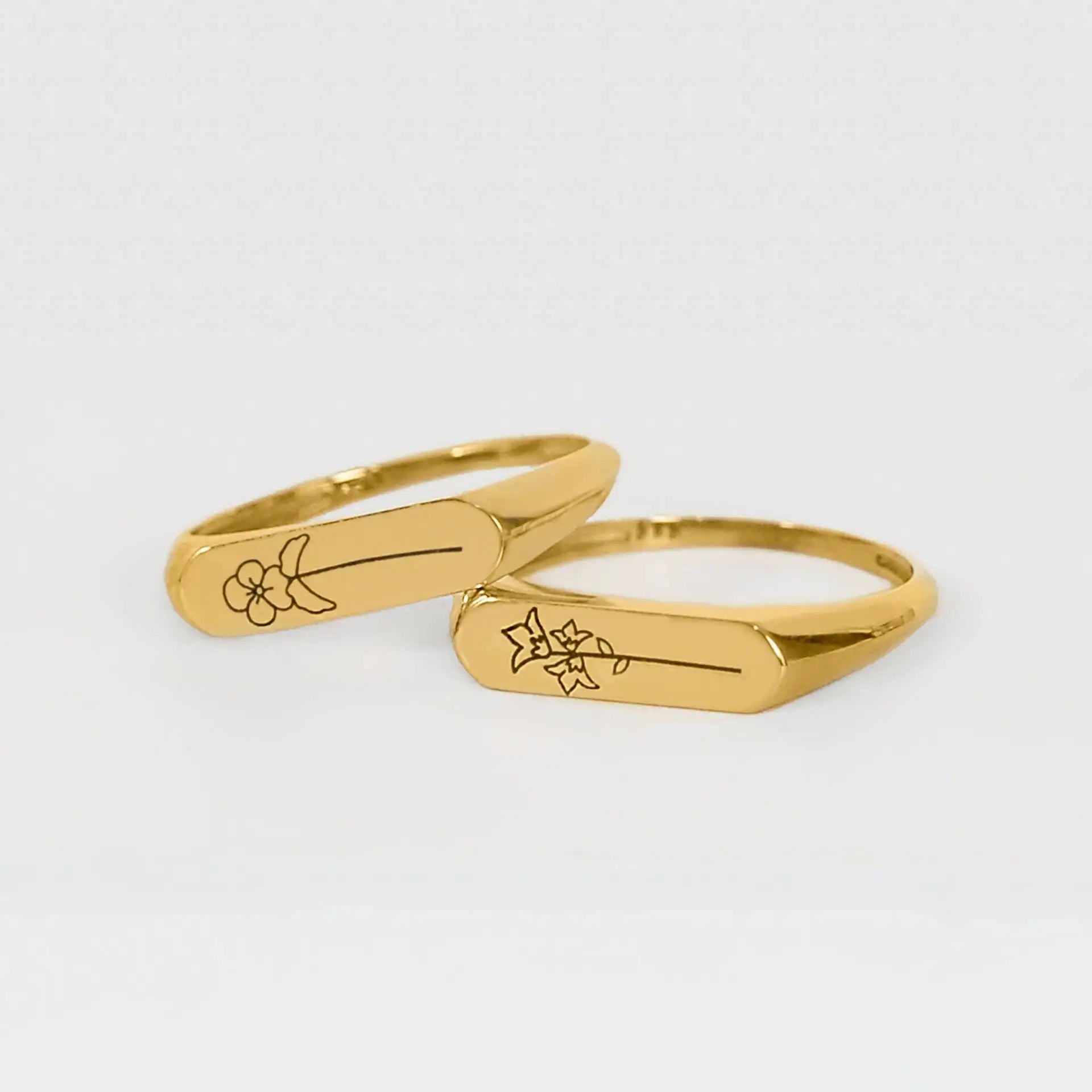 Custom Stainless Steel 18K Gold Plated Birth Flower Personalized Engraved Signet Rings for Women
