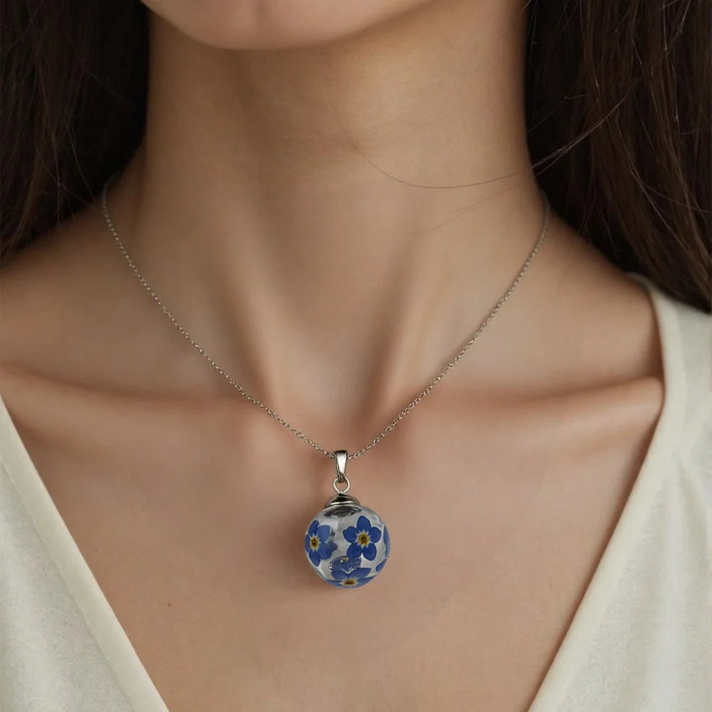 Elegant Custom Stainless Steel Fine Jewelry for Women Genuine Blue Forget Me Not Flower Love Necklace Silver Anniversaries