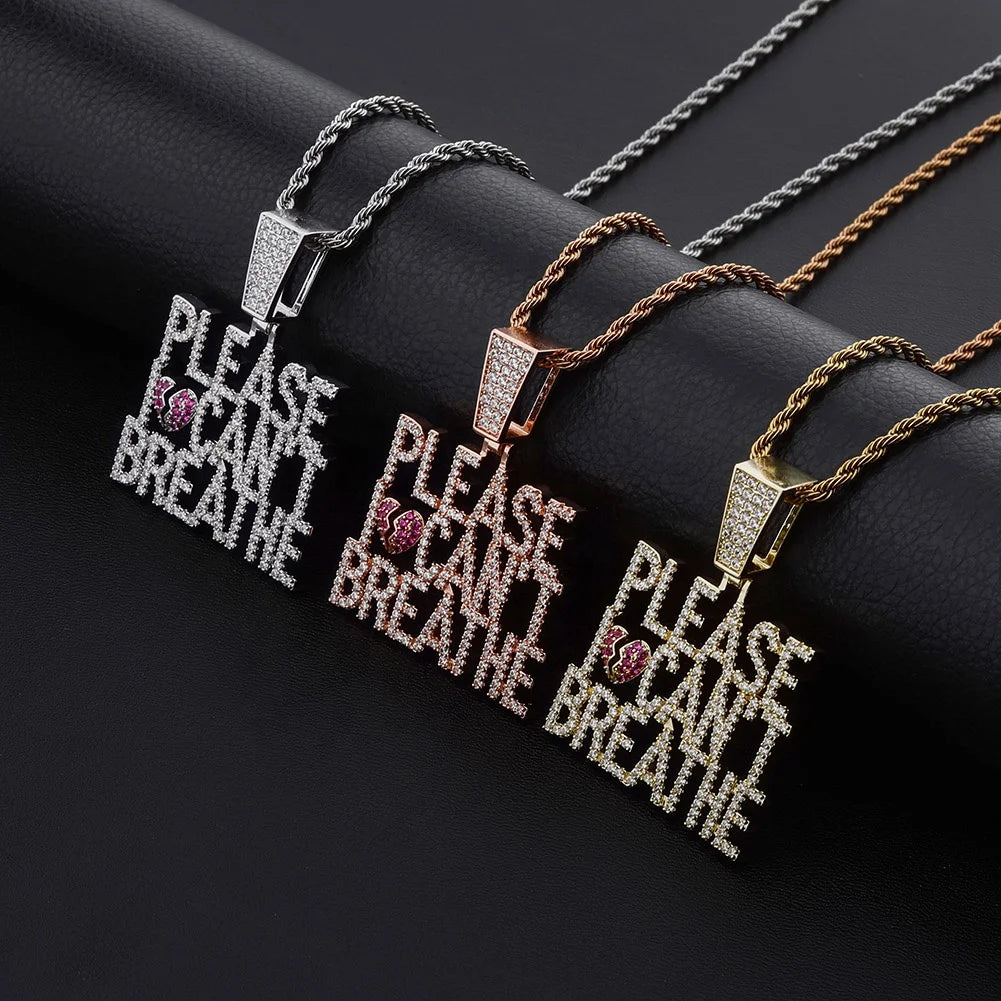 PlEASE I CAN'T BREATHE Copper Ice Zircon Pendant Necklace with Gold Plated Rope Chain Hip Hop Style for Men Women Fashion Gift