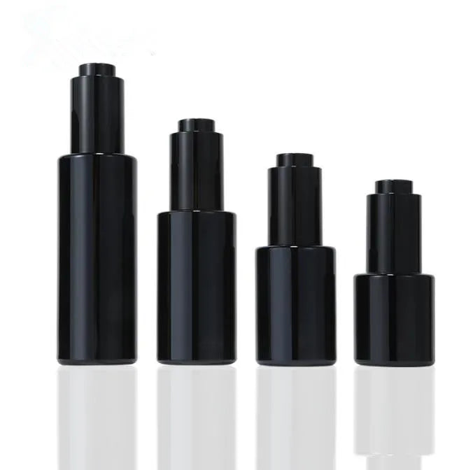 Luxury 20ml 30ml 40ml 60ml  Shiny Black Flat Shoulder Glass Screw Press Pump Push Button Dropper Bottle for Cosmetics