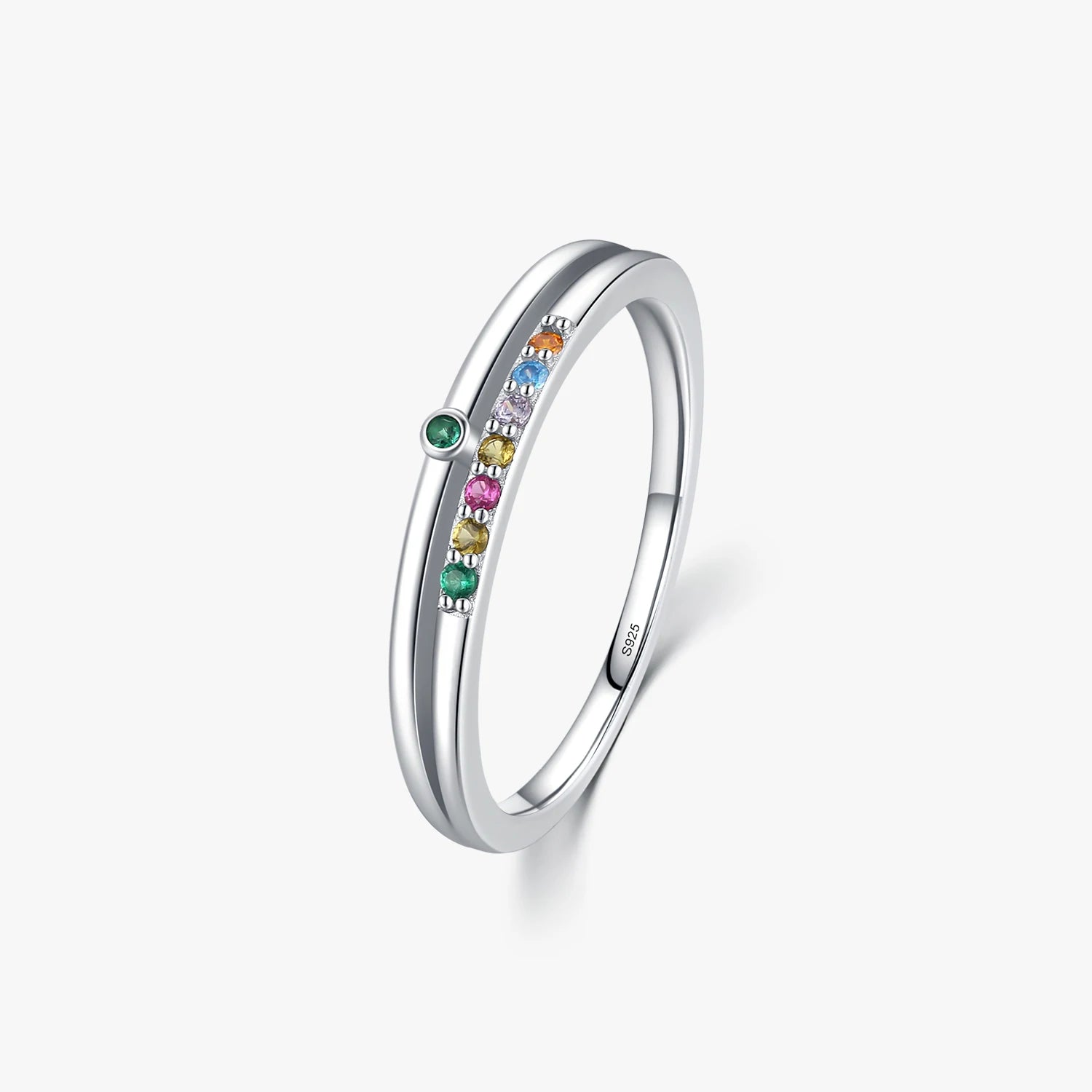 925 Sterling Silver Fine Jewelry Rainbow Cubic Zirconia Double Layer Ring for Women Geometric Design Fashion Ring